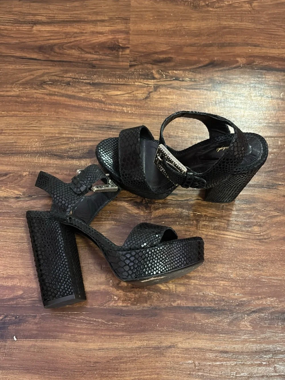 Black Snakeskin Platform Block Heels